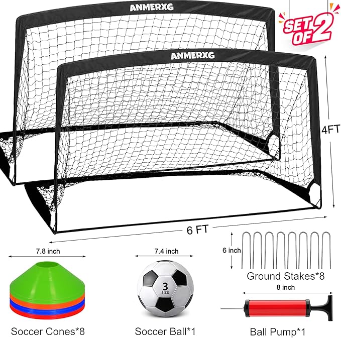6x4FT Kids Soccer Goal for Backyard Set Portable Soccer Goal with Ball Pump and Cones Soccer Net Set of 2 Training Equipment Outdoor Sports Gift
