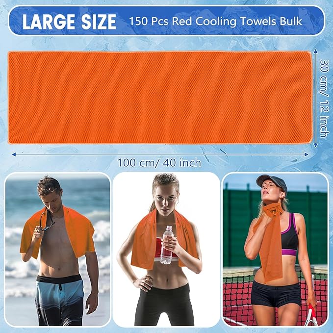 Hosuly 150 Pack Cooling Towels Bulk 40 x 12 Inch Large Chilly Breathable Sweat Sports Cold Towels Sublimation Microfiber Ice Neck Rags for Hot Weather Workout Baseball Softball Gym Team Gift (Orange)