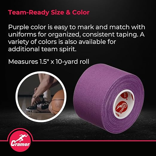 Cramer Team Color Athletic Tape, Purple, For Ankle, Wrist, and Injury Taping, Helps Protect and Prevent Injuries, Promotes Faster Healing, Athletic Training First Aid Supplies, 1.5", Bulk 32 Roll Case
