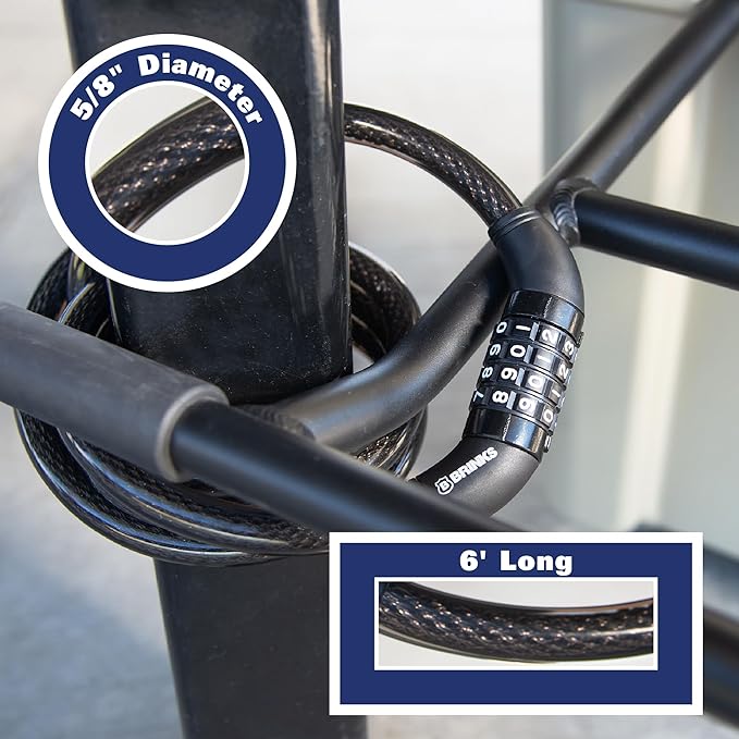 BRINKS 6 ft Outdoor Heavy Duty Bike Lock Cable 2 Pack, Thick, Anti Theft Self-Coiling Design, Resettable 4-Dial Combination, 5/8" Weather-Resistant Vinyl Coating for Bikes
