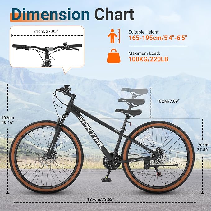 SPATIAL Mountain Bike, 24/26/27.5/29 inch Outdoor Cycling Bike,21/8 Speed Lightweight Aluminum Frame | Dual Disc Brakes,Adjustable Ergonomic Seat for Men Women Adult,MTB Bicycle