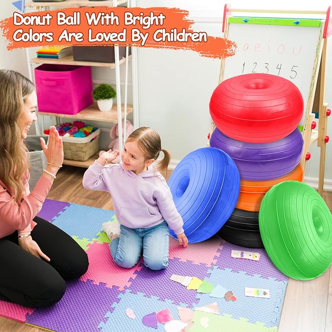 Lewtemi 6 Pcs Flexible Seating for Classroom Elementary 20 Inch Yoga Ball Chairs Large Inflatable Donut Exercise Ball Chair Stability Balance Trainer with Inflator for Kids Student(Bright Color)