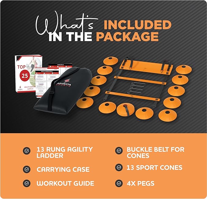 DELUXE EDITION Agility Ladder Training Set - 13 Rung 21ft Agility Ladder w/13 Disc Cones, Carry Bag - Improve Speed & Strength Soccer, Football, Basketball w/4 Steel Pegs for Outdoor Workout Charts