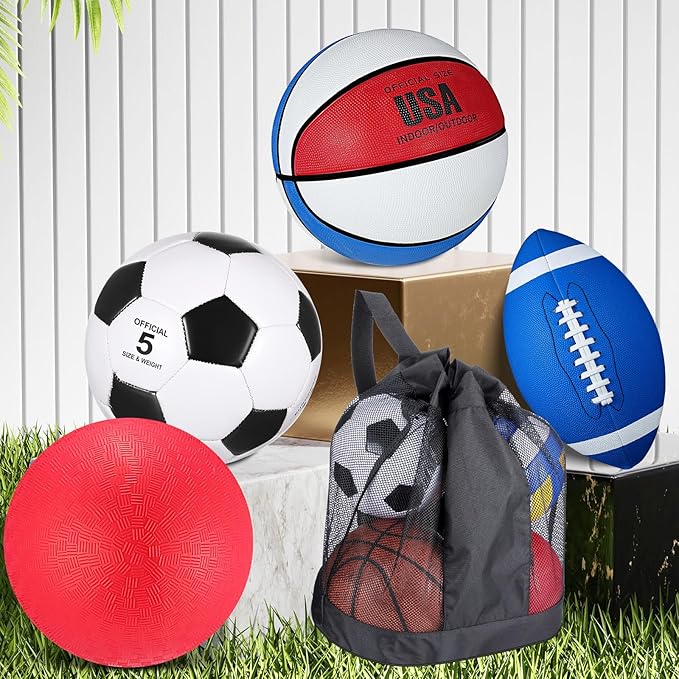 Lenwen 4 Pcs Sports Balls Set, Include Official Size Basketball Soccer Football Playground Ball Pump Equipment Bag Recess Equipment Sport for Teen Adult Gift Back to School