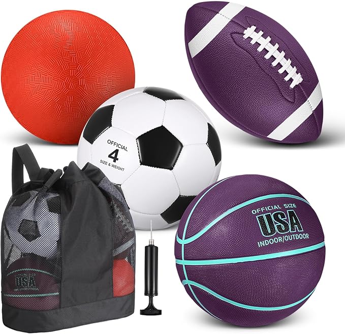 Deekin 4 Pcs Sport Balls Set for Kids Teens, Include Official Size 5 Basketball 4 Soccer 6 Football Playground Ball and Pump Sports Equipment Bag Recess Equipment Sport for Students(Purple, Teal)