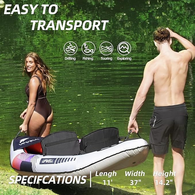 UPWELL 13'6”/11' Inflatable Recreational Kayak - 2 Person with Drop Stitch Floor and Accessories Including Kayak Seats with High Back Support, Paddle, Fin, Repair Kits, Carry Bag and Hand Pump