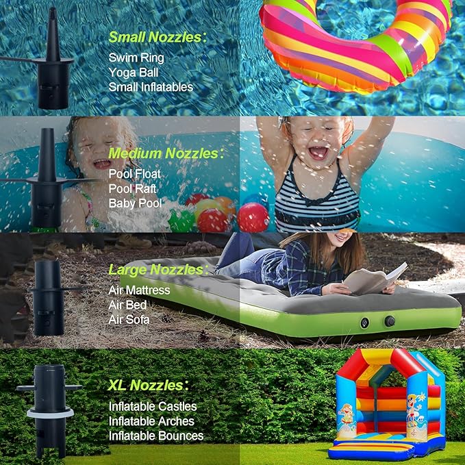 Electric Pump for Inflatables, Quick-Fill Air Mattress Pump for Air Bed Pool Toy Raft Boat, AC 110-120V Inflator,Electric Air Pump with 4 Nozzles, Black
