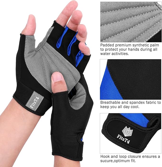 FitsT4 Sports Half Finger Padded Palm Gloves for Diving, Sailing, Jet Skiing, Stand-UP Boarding, Kayaking and Water Skiing, Suitable for Men&Women&Youth