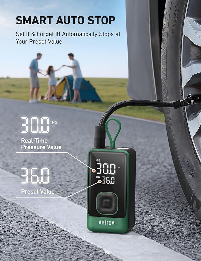 AstroAI L7 Air Tire Inflator Portable Air Compressor, 150PSI Electric Cordless Pump with Fast 1-min Inflation, Auto Shutoff, LED Light – Rechargeable for Car, SUV, Motorcycle, Bike Tires (Green)