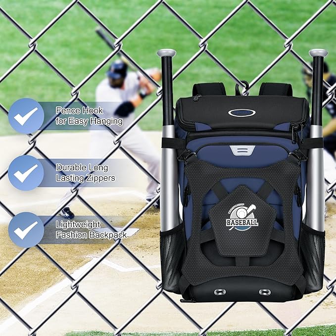 Baseball Backpack for Adult and Youth, Large Capacity Lightweight Softball Bag With Shoe Compartment and Fence Hook for TBall Bat & Equipment, Waterproof for Helmet, Gloves