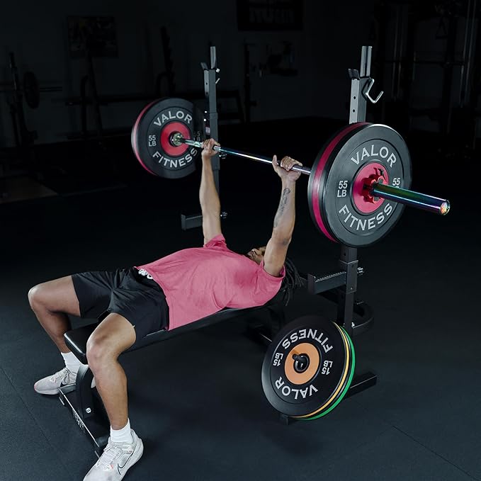 Valor Fitness Adjustable Power Squat Rack with J-Hooks, Locking Safety Catches, and Plate Storage – Home Gym Bench Press Station – Max Weight 475 lbs