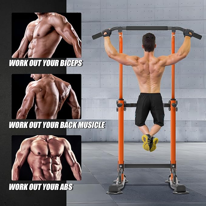 soges Power Tower Pull Up Bar Station, Free Standing Pull Up Rack Dip Station for Home Gym, Height Adjustable Home Strength Training Fitness Workout Equipment