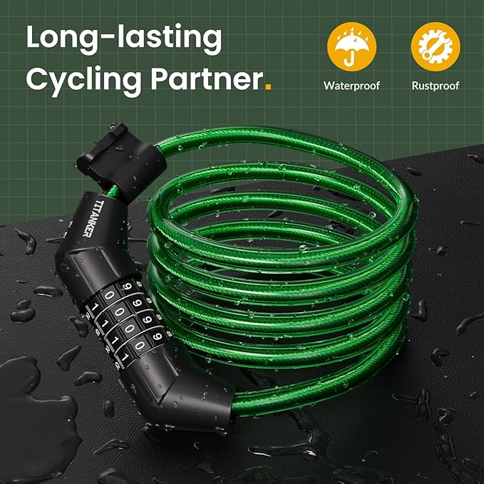 Titanker Bike Lock Cable, 4 Feet Bike Cable Lock Basic Self Coiling Kids Bike Lock Combination with Complimentary Mounting Bracket, 5/16 Inch Diameter (4FT, Green-8mm)