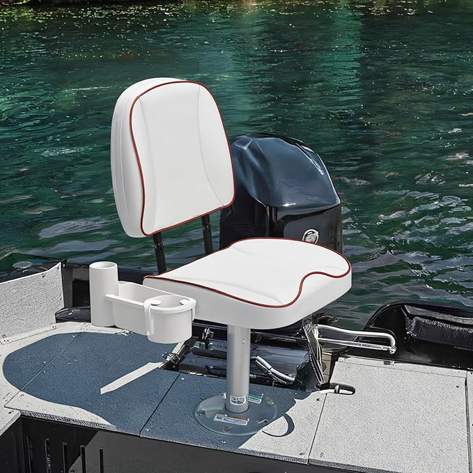 Folding Boat Seat Low Back Fishing Boat Seats with Caddy Organizer, White/White/Red