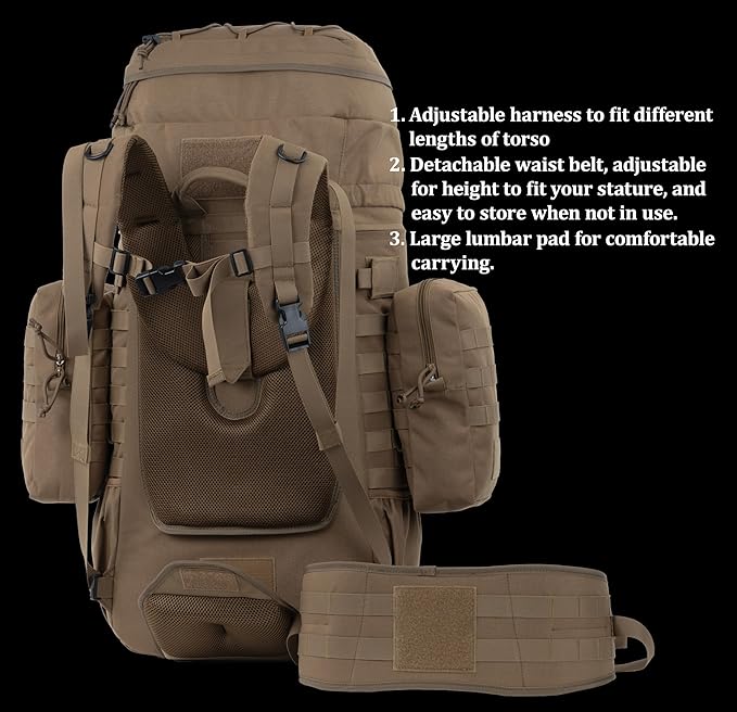 75L Large Tactical Backpack Military Ruchsack with Internal Frame, MOLLE, and Hydration System for Camping Backpacking Hiking