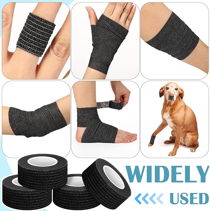 Treela 48 Pack Self Adhesive Wrap Bandage Bulk, Self Adherent Cohesive Bandage Elastic Athletic Tape Breathable Wound Tape for Stretch Athletic Sports Wrist Ankle (Black,1 Inch X 5 Yards)