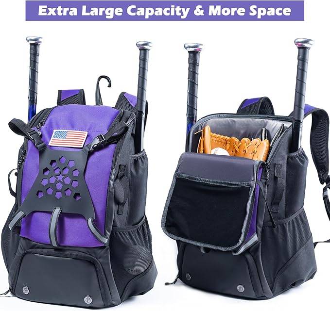 Baseball Backpack for Youth, Boys, Adults - Bat and Softball Equipment Bag With Glove Holder, Helmet, Shoes Compartment - T-Ball Accessories and Baseball Gifts
