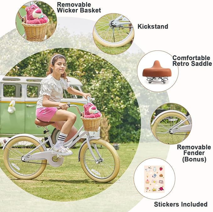 Glerc Little Molly 12-20 Inch Kids Retro Cruiser Bike for 2-13 Year Old with Wicker Basket & Training Wheels/Kickstand, Multiple Colors