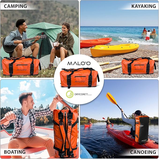 Malo'o Airtight Waterproof Adventure Duffle - Ideal for Kayaking, Camping, Beach, Fishing, Boating, Hiking - Water-Tight Zipper