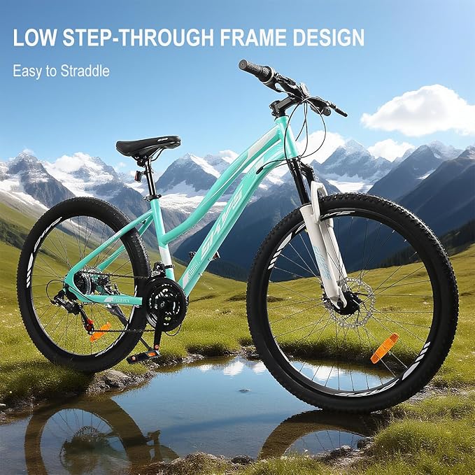 HappyHugs Women’s 26 Inch Mountain Bike, Low-Step Frame, 21-Speed Twist Shifters, Dual Disc Brakes, Front Suspension, 26×2.35 All-Terrain Tires for City Commute & Park Trails
