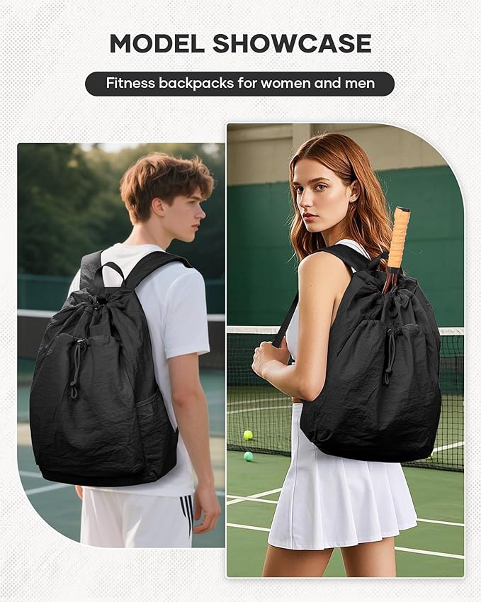 Tennis Racket Bag for Women, Waterproof Tennis Badminton Backpack 2 Racquets, Drawstring Racket Case for Ball Paddles