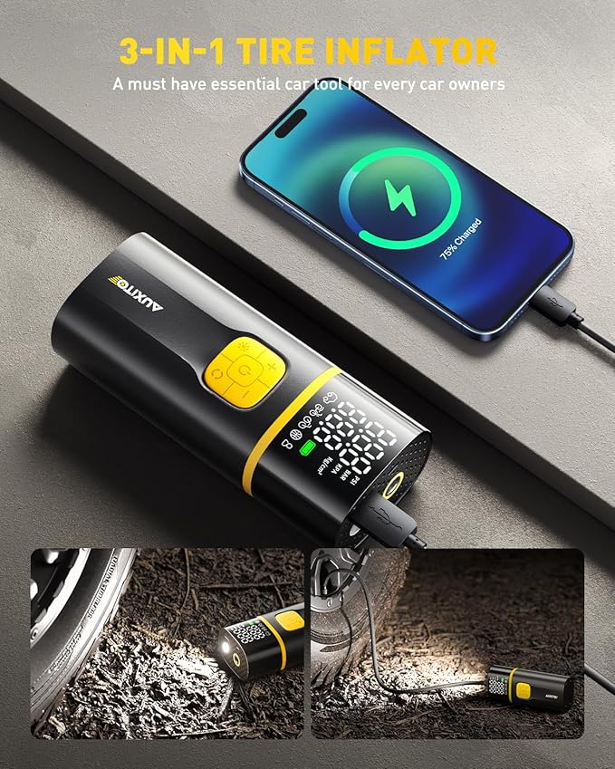 AUXITO A502 Portable Air Compressor - Tire Inflator for Car, Truck, Bike, Motorcycle with Digital Tire Pressure Gauge & LED Light