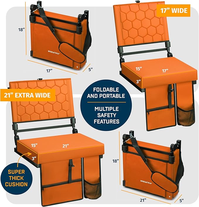 Extra Wide Folding Reclining Stadium Seat with Back Suppot for Bleachers, Bleacher Hooks, Thick Cushion, Cup Holder, Storage Pockets – Portable Chair for Kayak, Canoe, Paddle Board, Concerts, & Sports