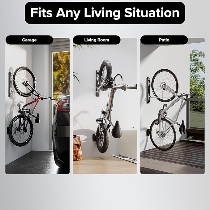 Bicycle Rack for Garage and Indoor Use, Adjustable, Foldable Bike Rack Set of 2 - Wall Mount for Road, Hybrid, Small Mountain, BMX Bikes - Secure and Space Saving Bike Storage (2 Pack)