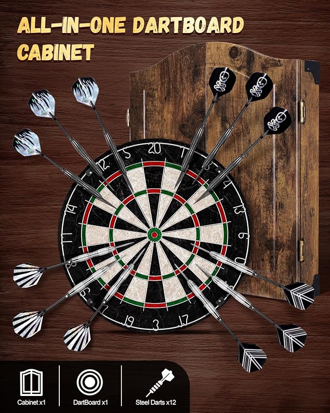 Sisal Dart Board Cabinet Sets, Decorative Dart Boards for Adults [12*Steel Darts] - Wooden Dartboard Cabinet with Integrated Scoreboard for Family Game Rooms