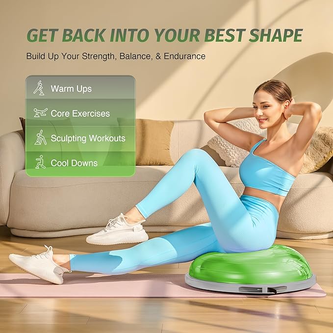 ZELUS 25in. Balance Ball | 660lb Inflatable Half Exercise Ball Wobble Board Balance Trainer w Nonslip Base | Half Yoga Ball Strength Training Equipment w 2 Bands, Pump, Extra Ball Included
