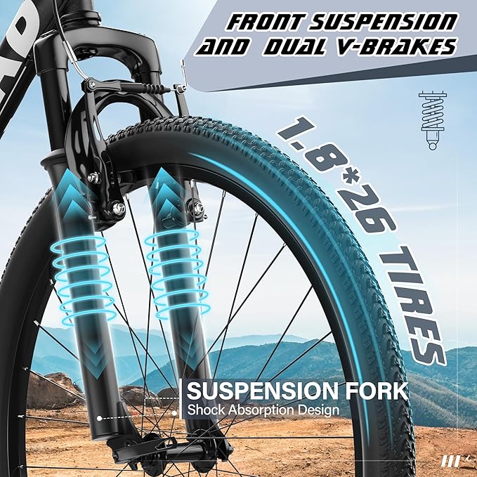 Beterland 26 Inch Mountain Bike, 1/7/21 Speed Comfort Bike wth Dual V Rakes, Bikes for Adults with Front Suspension and High Carbon Steel Frame, Bicycle with Adjustable Ergonomic Seat