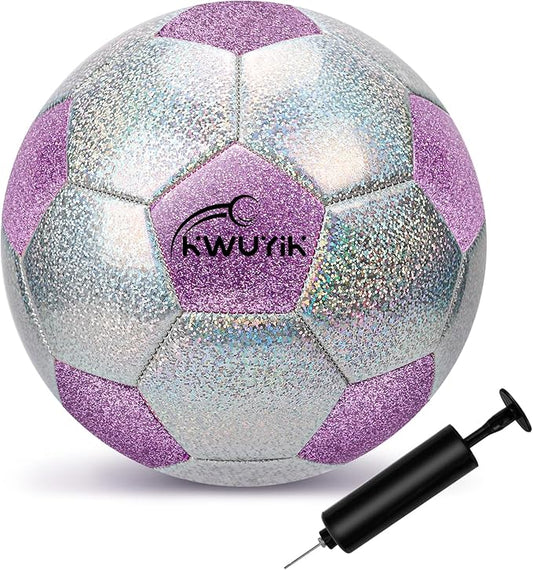 Soccer Ball Size 3 4 5 Glitter Pink Purple Silver with Pump Toddler Soccer Ball for Kids Aged 3-6 6-8 8-12 Outdoor Training Ball for Girls Boys Children Youth Teens