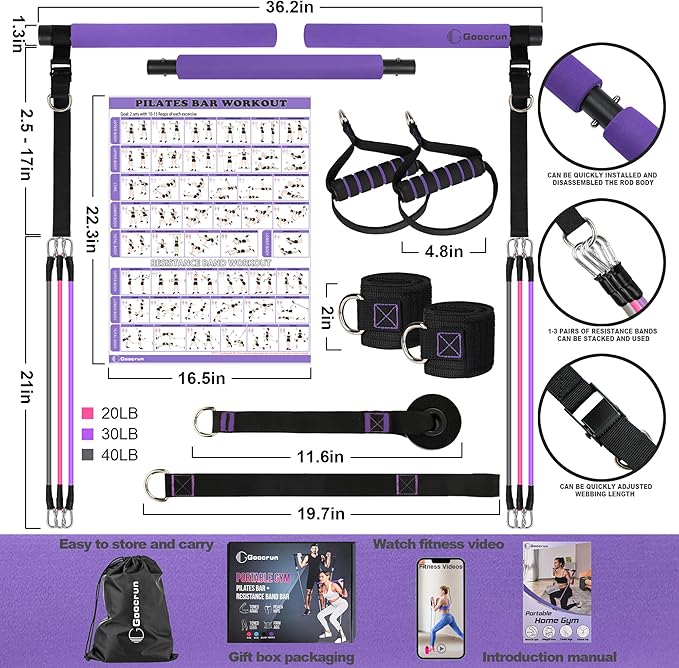 Portable Pilates Bar Kit with Resistance Bands for Men and Women - 3 Set Exercise Resistance Bands - Multifunctional Home Gym - Supports Full-Body Workouts – with Fitness Poster and Video