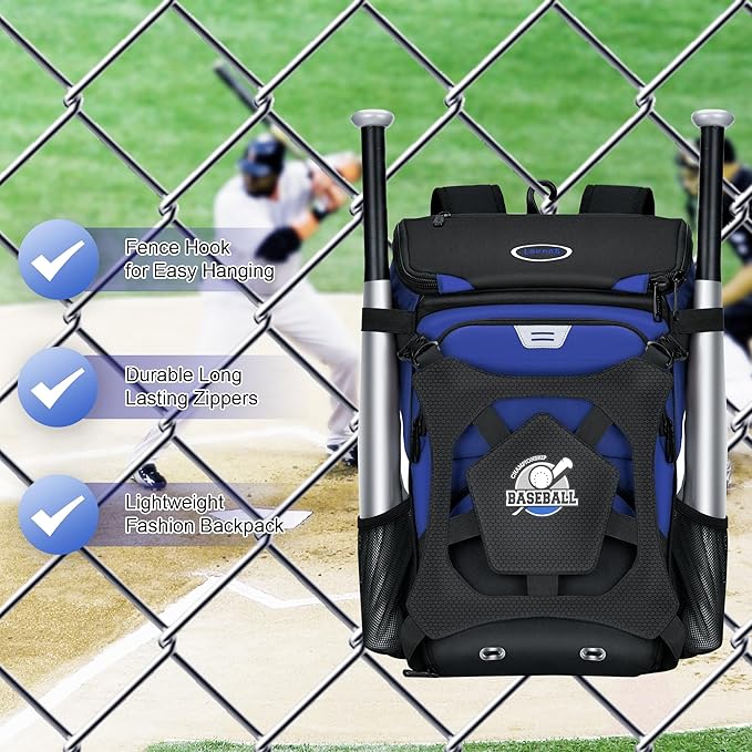 Baseball Backpack for Adult and Youth, Large Capacity Lightweight Softball Bag With Shoe Compartment and Fence Hook for TBall Bat & Equipment, Waterproof for Helmet, Gloves