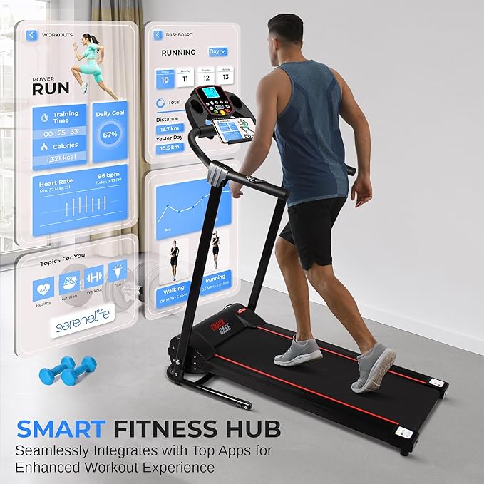 SereneLife Electric Folding Treadmill Exercise Machine - Smart Compact Digital Fitness Treadmill Workout Trainer w/Bluetooth App Sync, Manual Incline Adjustment, for Walking, Running, Gym