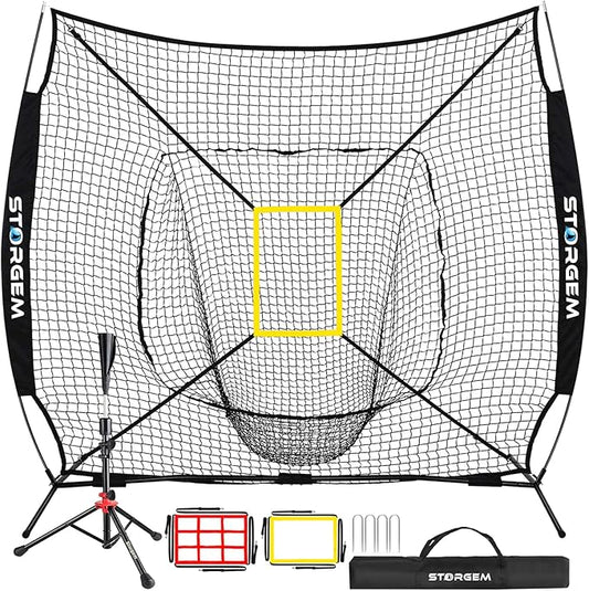 Storgem Baseball and Softball Practice Net 7×7ft Portable Hitting Pitching Batting Training Net Baseball Backstop Net with Batting Tee and Strike Zone and Bow Frame