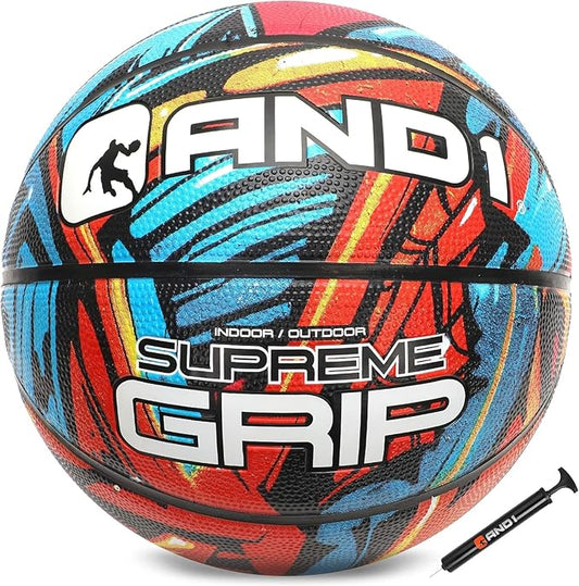 AND1 Supreme Grip Official Regulation Size 7 (29.5 inches) Rubber Basketball - Deep Channel Construction Streetball, Made for Indoor Outdoor Games