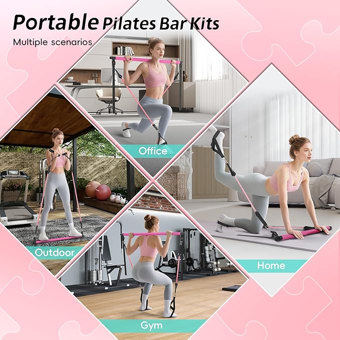 Pilates Bar Kit with Resistance Bands, Portable Pilates Bar for Home Gym Yoga & Full Body Workouts, Pilates Equipment for Women & Men, Fitness Set for Strength Toning Stretching Flexibility Training