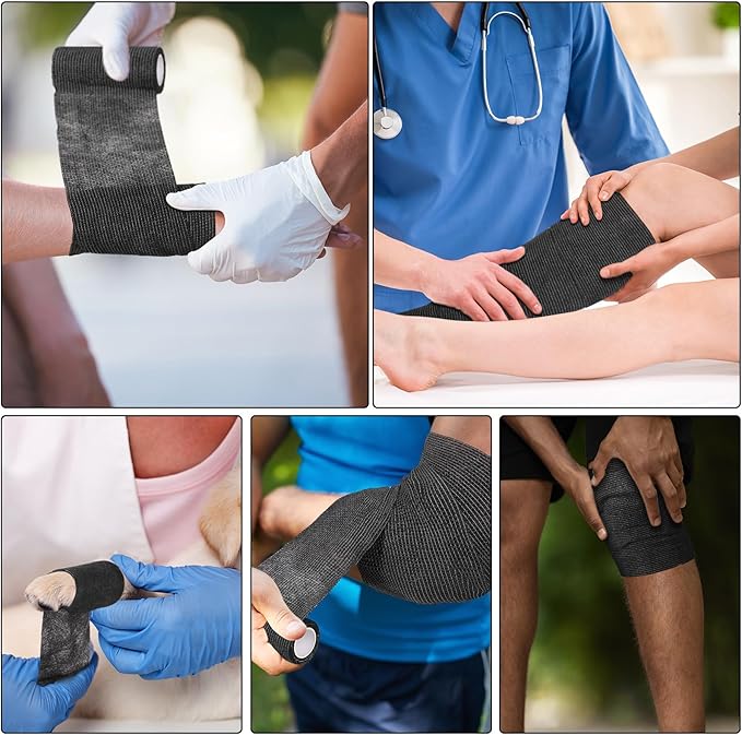 Treela 48 Pack Self Adhesive Wrap Bandage Bulk, Self Adherent Cohesive Bandage Elastic Athletic Tape Breathable Wound Tape for Stretch Athletic Sports Wrist Ankle(Black,4 Inches X 5 Yards)