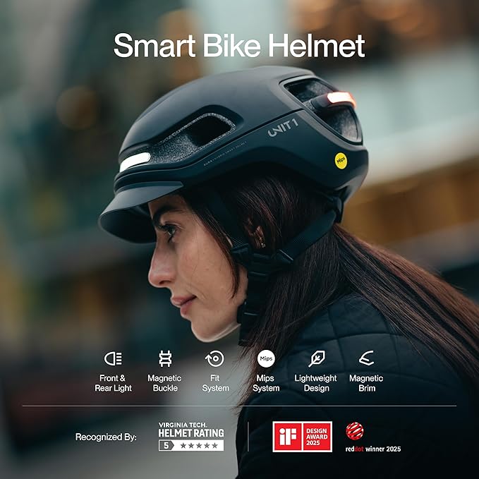 UNIT 1 Aura Hybrid Smart Bike Helmet | Urban & Road | MIPS | LED Front & Rear | Turn & Brake Light Compatible w/Remote | Crash Alert | E-Bike Fully Certified | Lightweight & Ventilated | App
