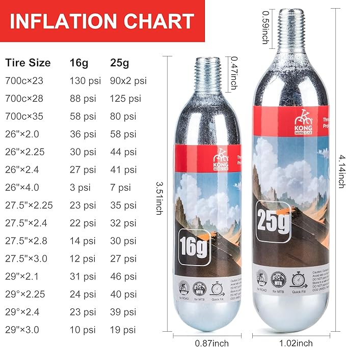CO2 Inflator Kits with 6 X 16g / 25g CO2 Threaded Cartridges for Bike Tires, Presta and Schrader Valve Compatible, CO2 Bike Tire Pump for Mountain and Road Bicycles