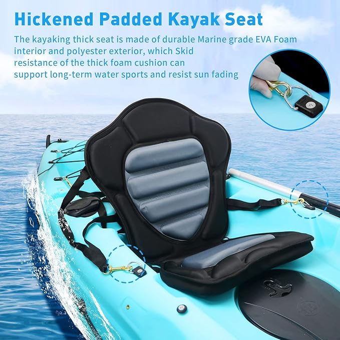 Kayak Seat Deluxe Padded Fishing Boat Seat Deluxe Sit-On-Top Canoe Seat Cushioned - Comfortable Backrest Support Universal Sit with Adjustable Back Strap Detachable Storage Bag