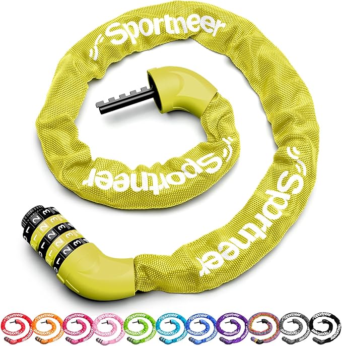 Sportneer Bike Lock: 5 Digit Combination High Security Anti Theft Bike Chain Lock - 3.2/3.6/4ft Heavy Duty Keyless Bicycle Lock for Bike, Motorcycle, Scooter, Door & Gate - 4/6mm Thick, Easy to Use