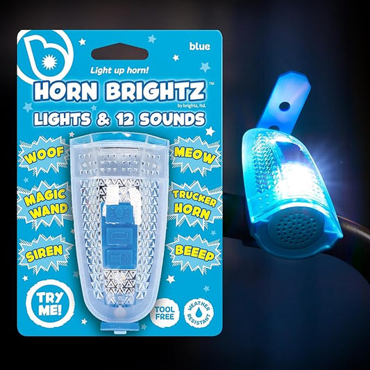 Brightz HornBrightz Light Up LED Bike Horn Light - 12 Unique Sound Effects - Bike Bell, Ring, Police Siren, Fire Engine, Trucker Horn, Backup Beep, Motorcycle, Magic Wand, Cat, Dog, Cow, Horse