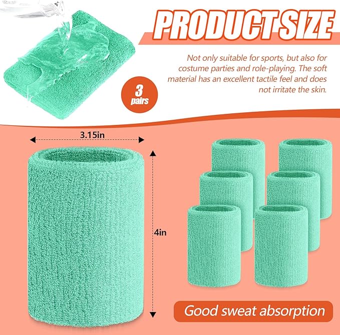 Wettarn 6 Pcs 4 Inch Wrist Sweatbands Tennis & Gymnastics Wristbands for Grips & Sport Cotton Elastic Thick Wrist Bands for Tennis & Football