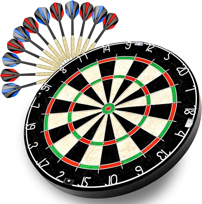 LinkVisions Dartboard with Staple-Free Bullseye, 18g Steel Tip Darts Set,12 Steel Tip Darts 18g, Dartboard Mounting Kits Included