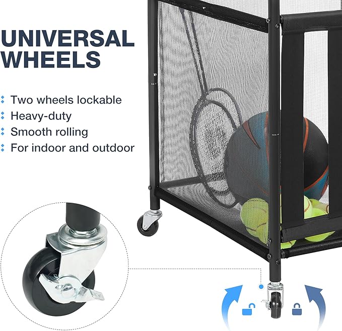 STO STO Rolling Sports Ball Storage Cart, Lockable Basketball Cage with Elastic Straps, Sport Equipment Holder Organizer for Indoor Outdoor, Steel Storage Rack for Playgroup and Gym