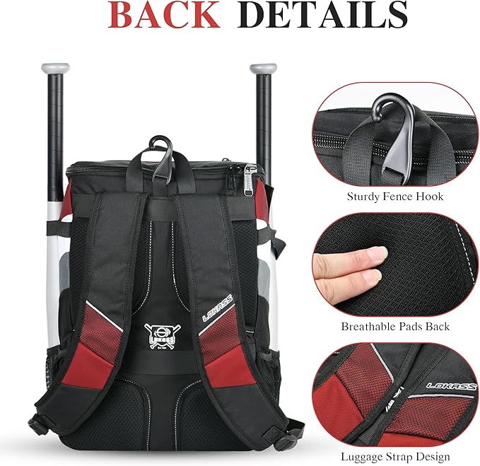Baseball Backpack for Adult and Youth, Large Capacity Lightweight Softball Bag With Shoe Compartment and Fence Hook for TBall Bat & Equipment, Waterproof for Helmet, Gloves