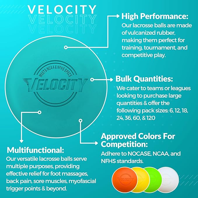 Velocity Lacrosse Balls - 1, 2, 3, 6, 12, 18, 24, 36, 60 and 120 Packs - for Practice, Official NFHS and College Approved Size