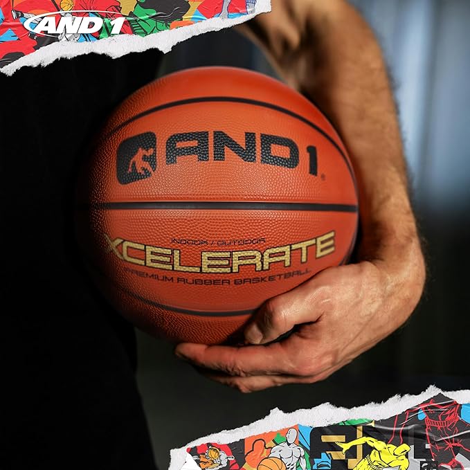 AND1 Xcelerate Rubber Basketball: Official Regulation Size 7 (29.5”) Streetball, Made for Indoor/Outdoor Games